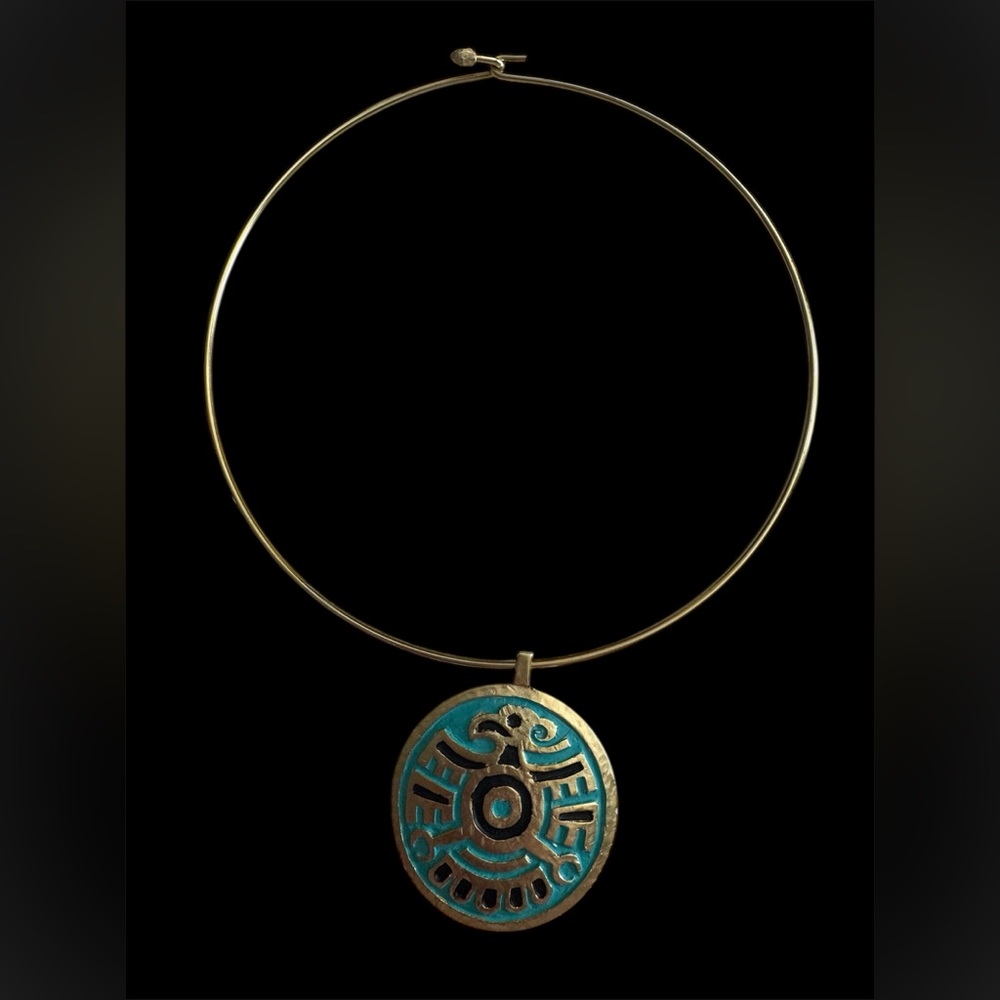 Vintage Crown Trifari Gold and Teal Pendant Necklace